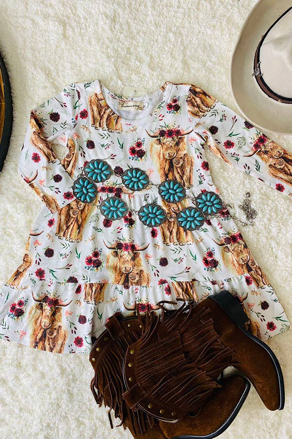 Cow & flower printed long sleeve girl dress