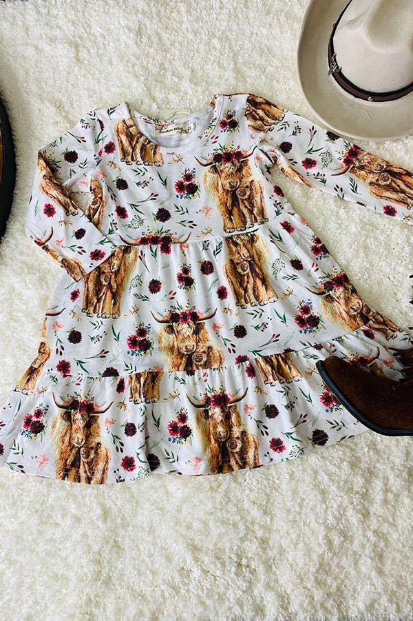 Cow & flower printed long sleeve girl dress